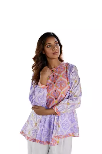 Block print button in front pure cotton multicolored full sleeves boho palm top