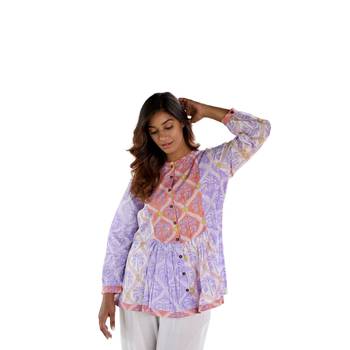 Block print button in front pure cotton multicolored full sleeves boho palm top 4