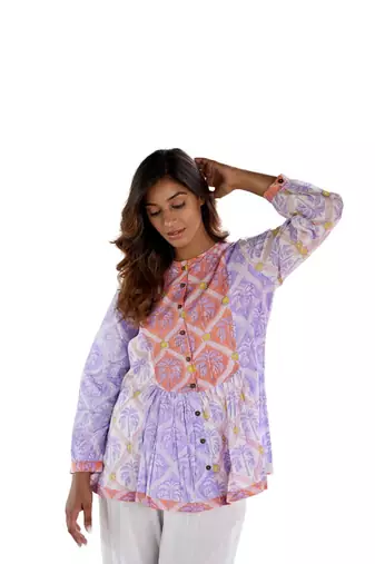 Block print button in front pure cotton multicolored full sleeves boho palm top