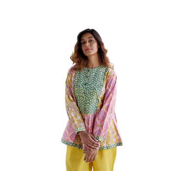 Block print button in front pure cotton multicolored full sleeves boho peacock top 1