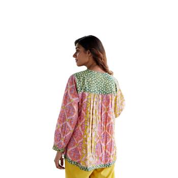 Block print button in front pure cotton multicolored full sleeves boho peacock top 2