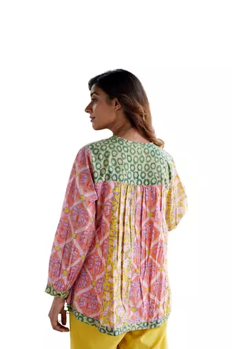 Block print button in front pure cotton multicolored full sleeves boho peacock top