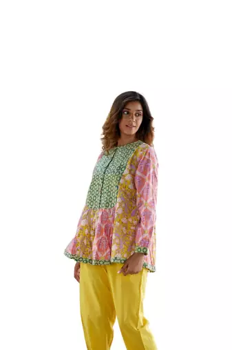 Block print button in front pure cotton multicolored full sleeves boho peacock top