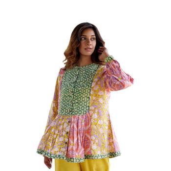 Block print button in front pure cotton multicolored full sleeves boho peacock top 4