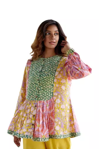 Block print button in front pure cotton multicolored full sleeves boho peacock top