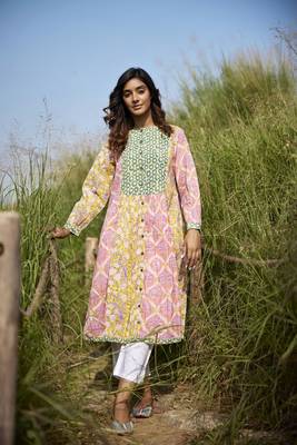 Side slits straight floral print pure cotton printed multicolored peacock tunic kurta 1