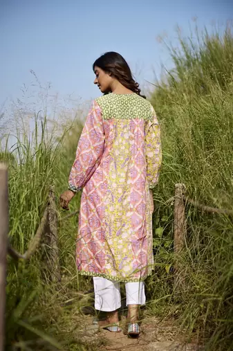 Side slits straight floral print pure cotton printed multicolored peacock tunic kurta