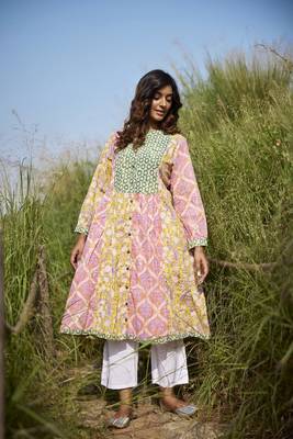 Side slits straight floral print pure cotton printed multicolored peacock tunic kurta 3
