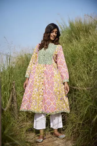 Side slits straight floral print pure cotton printed multicolored peacock tunic kurta