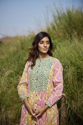 Side slits straight floral print pure cotton printed multicolored peacock tunic kurta 4