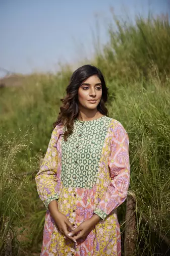 Side slits straight floral print pure cotton printed multicolored peacock tunic kurta