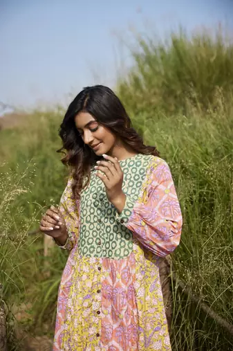 Side slits straight floral print pure cotton printed multicolored peacock tunic kurta