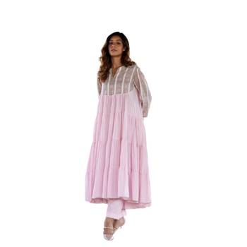 Pink side slits straight floral print pure cotton printed flared kurta 3