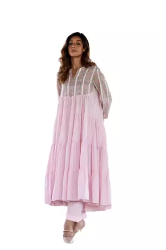 Pink side slits straight floral print pure cotton printed flared kurta