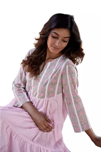 Pink side slits straight floral print pure cotton printed flared kurta