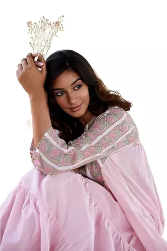 Pink side slits straight floral print pure cotton printed flared kurta