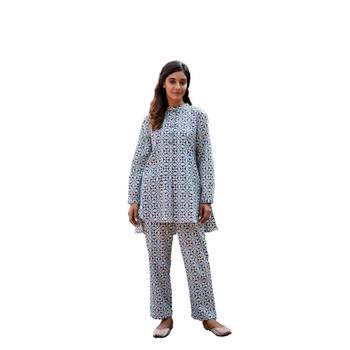 Geometric block printed full sleeves mandarin collar cotton co-ord set with pant 1