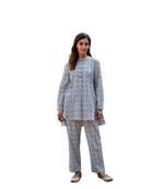 Geometric block printed full sleeves mandarin collar cotton co-ord set with pant