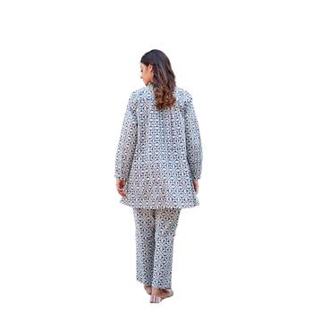 Geometric block printed full sleeves mandarin collar cotton co-ord set with pant 2