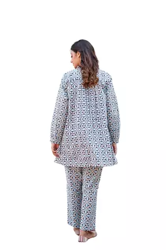 Geometric block printed full sleeves mandarin collar cotton co-ord set with pant