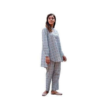 Geometric block printed full sleeves mandarin collar cotton co-ord set with pant 3