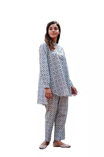 Geometric block printed full sleeves mandarin collar cotton co-ord set with pant