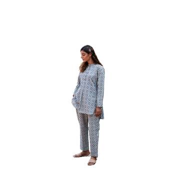 Geometric block printed full sleeves mandarin collar cotton co-ord set with pant 4