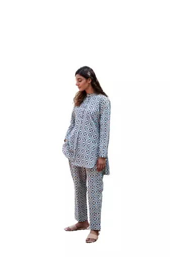 Geometric block printed full sleeves mandarin collar cotton co-ord set with pant