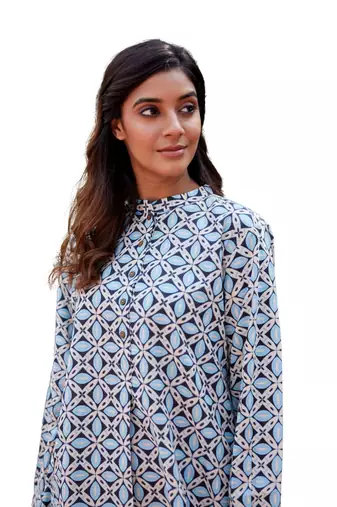 Geometric block printed full sleeves mandarin collar cotton co-ord set with pant