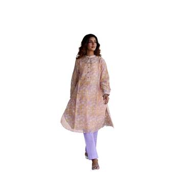 pink side slits straight floral print chanderi silk blend tunic kurta 1