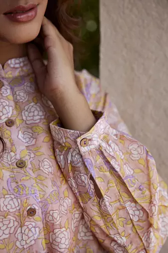pink side slits straight floral print chanderi silk blend tunic kurta