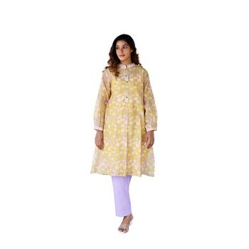 yellow side slits straight floral print chanderi silk blend tunic kurta 1