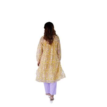 yellow side slits straight floral print chanderi silk blend tunic kurta 2