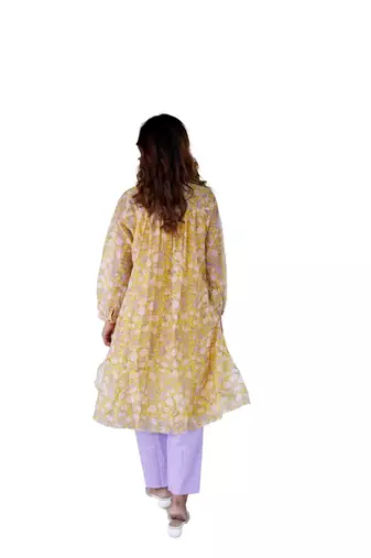 yellow side slits straight floral print chanderi silk blend tunic kurta