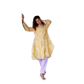 yellow side slits straight floral print chanderi silk blend tunic kurta 3