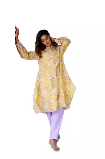 yellow side slits straight floral print chanderi silk blend tunic kurta