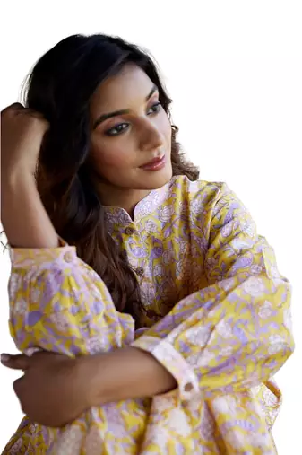yellow side slits straight floral print chanderi silk blend tunic kurta