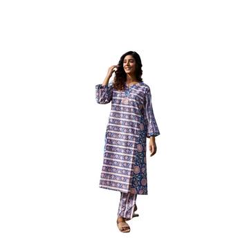 blue side slits straight floral print pure cotton printed panel kurta 1