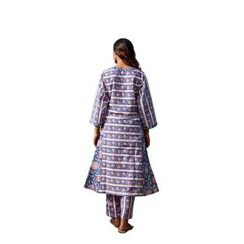 blue side slits straight floral print pure cotton printed panel kurta 2