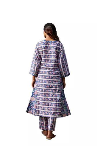 blue side slits straight floral print pure cotton printed panel kurta