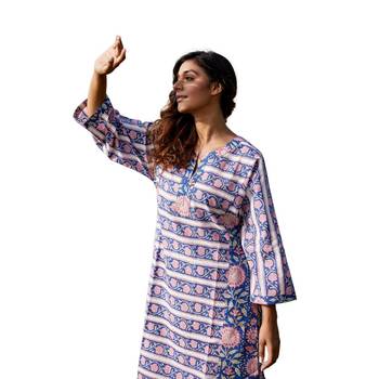 blue side slits straight floral print pure cotton printed panel kurta 3