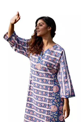blue side slits straight floral print pure cotton printed panel kurta
