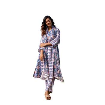 blue side slits straight floral print pure cotton printed panel kurta 4