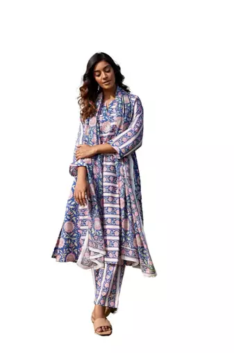 blue side slits straight floral print pure cotton printed panel kurta