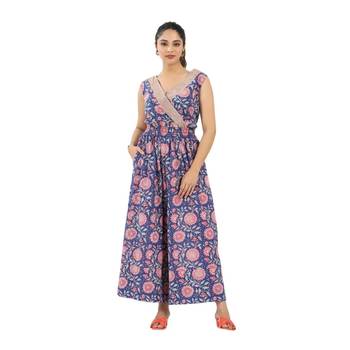 Blue zaal printed sleeveless jumpsuit with cinched elastic waist 1