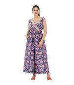 Blue zaal printed sleeveless jumpsuit with cinched elastic waist