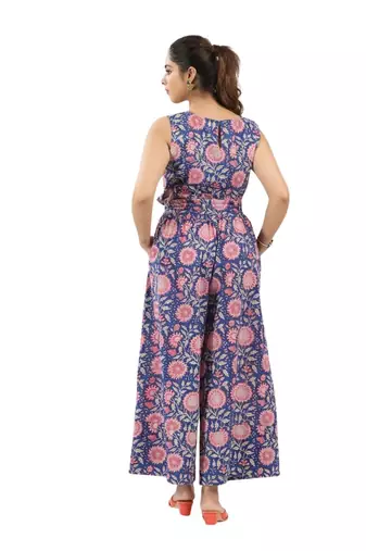 Blue zaal printed sleeveless jumpsuit with cinched elastic waist
