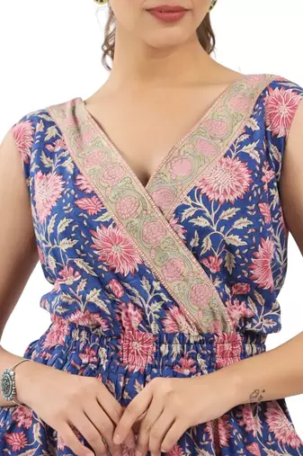 Blue zaal printed sleeveless jumpsuit with cinched elastic waist