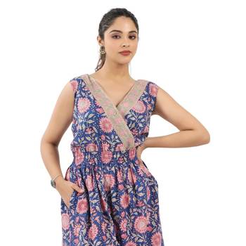 Blue zaal printed sleeveless jumpsuit with cinched elastic waist 4