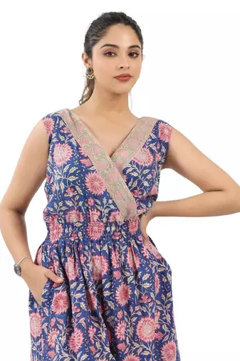 Blue zaal printed sleeveless jumpsuit with cinched elastic waist